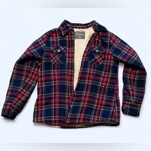 Red and blue plaid flannel jacket with fleece lining size small.